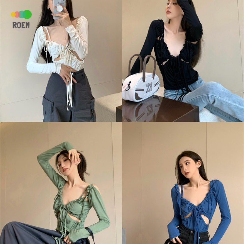 nini-autumn-new-product-new-hot-girl-slim-fit-korean-style-slimming-sexy-long-sleeved-top-pleated-strap-t-shirt-v-neck-inner-match