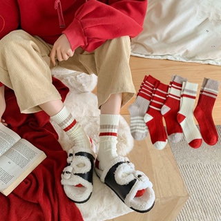 ถุงเท้าถัก กึ่งสูง ลายทาง สีแดง คุณภาพสูง เหมาะกับเทศกาลตรุษจีน สําหรับผู้หญิง 1 คู่