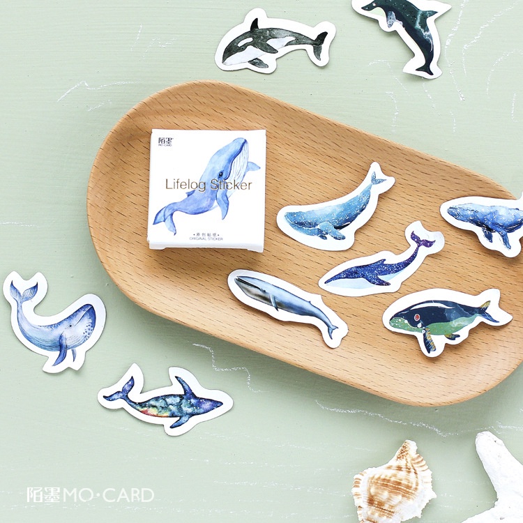 สติ๊กเกอร์-เทอเรส-คาเฟ่-ตกแต่ง-diy-สติ๊กเกอร์ปิดผนึก-เครื่องเขียน-45ชิ้น-sticker-whale-blue-dream-ocean-sticker-box