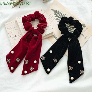 Desmondri ผู้หญิง ผม Scrunchies เครื่องประดับผม เก๋ ริบบิ้นมุก กํามะหยี่ คริสตัล ผมหางม้า