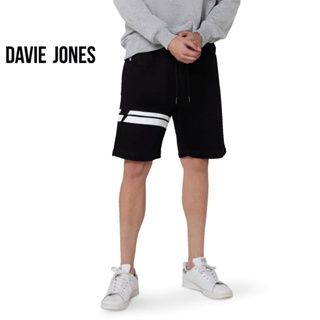 DAVIE JONES กางเกงขาสั้น ผู้ชาย เอวยางยืด สีดำ คาดหนัง Elasticated Shorts in black SH0058BK
