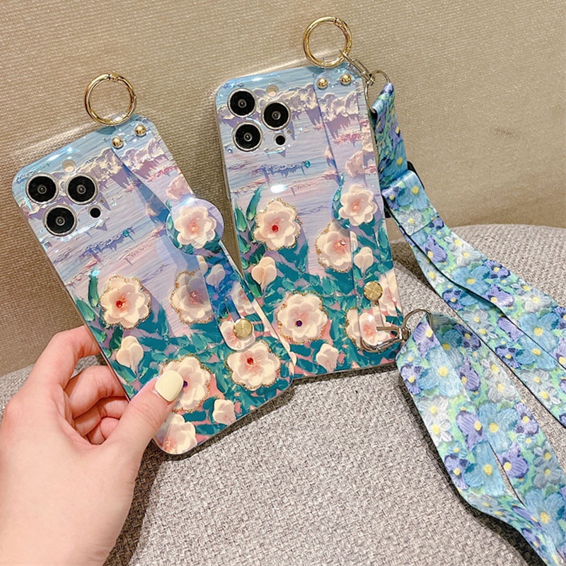 เคสโทรศัพท์มือถือ-แบบนิ่ม-ลายภาพวาดสีน้ํามัน-รูปดอกไม้-ประดับเพชร-มีสายคล้อง-สําหรับ-realme-5-5i-6i-c3-5s