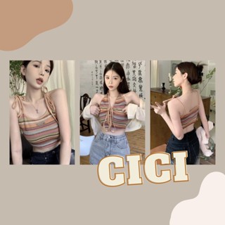 Cici(NO.G21-1/G18/G19)สายเดี่ยว/สายเดี่ยวคล้องคอ/เสื้อคลุม ลายทางสวยแซ่บปังสไลต์ย้อนยุค