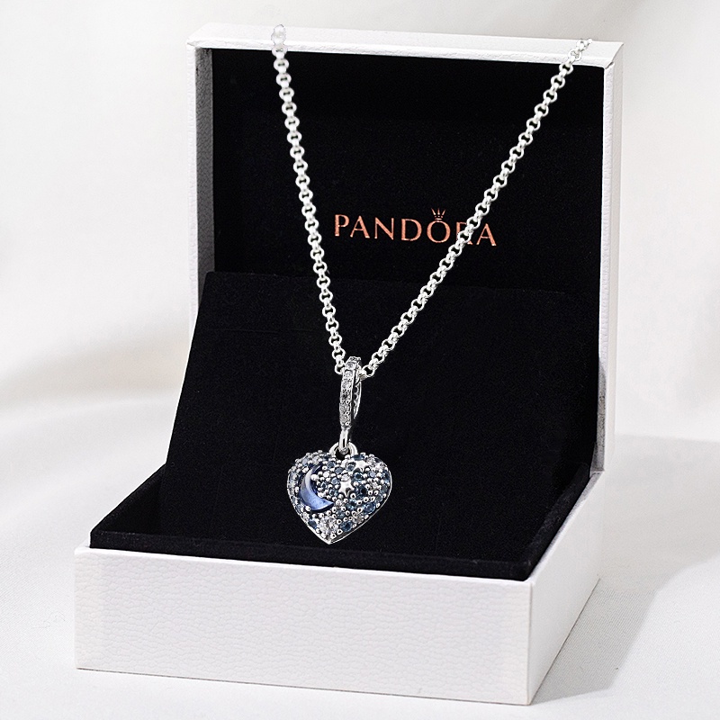 Pandora สร้อยคอเงิน 925 จี้รูปดาว ดวงจันทร์ หัวใจ ประดับกลิตเตอร์ สีฟ้า ...