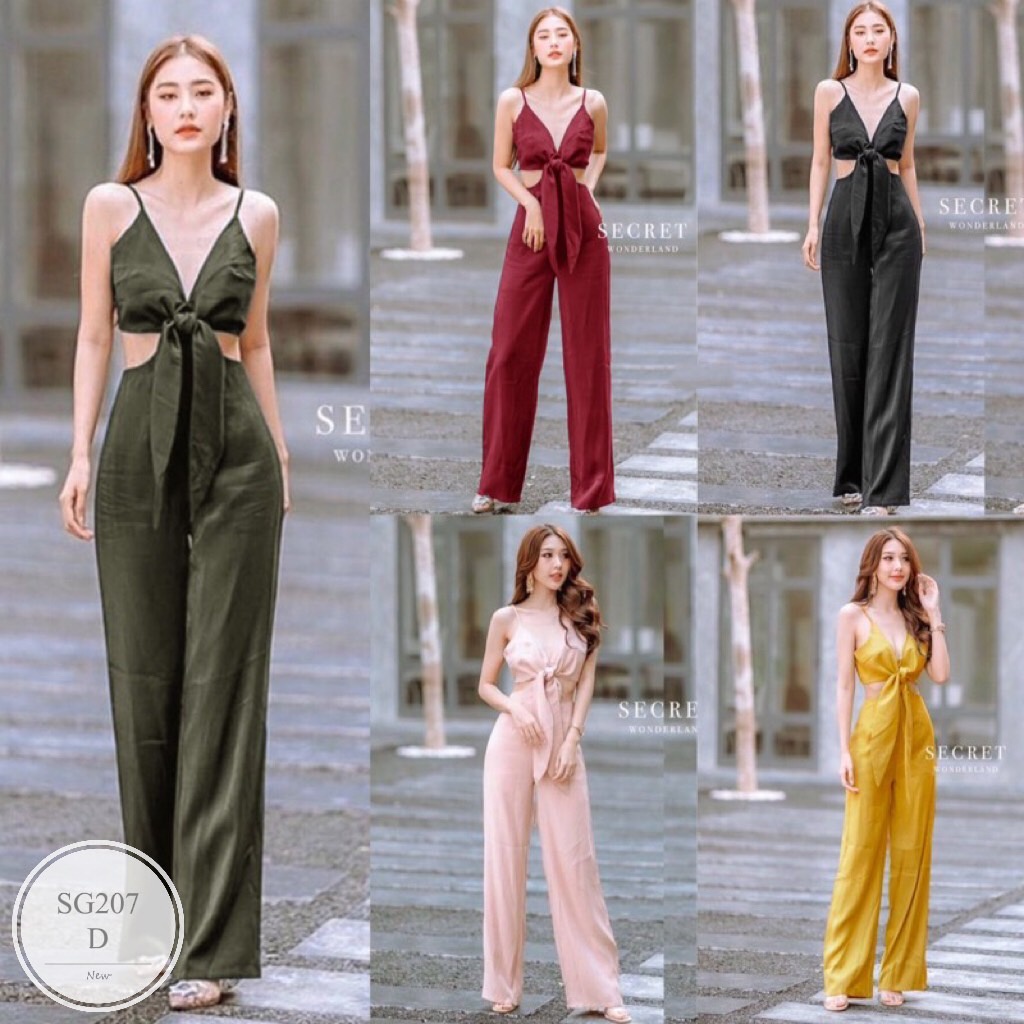 es207-jumpsuit-จั้มสูทสายเดี่ยว-อกผูกโบว์สายเดี่ยวผูกแบบไขว้ด้านหลัง-เอวสม็อคหลัง-มีซิปหลัง-งานผ้าซ่าร่า-พร้อมส่ง