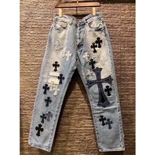 CHROME HEARTS X LEVIS CROSS LEATHER PATCH VINTAGE DENIM JEANS IN BLUE กางเกงยีนส์ขกระบอก แบรนด์โครมฮาร์ท ลีวาย กางเขน