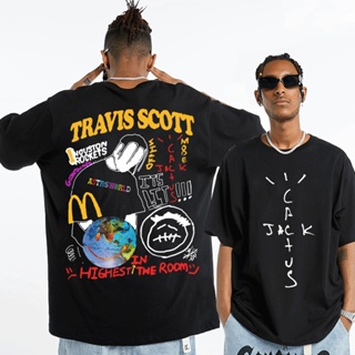 【ใหม่】Cactus Jack เสื้อยืดผู้ชาย LOOK MOM I CAN FLY Travis Scott Tees ขนาดใหญ่ Hip Hop สไตล์แขนสั้นแนวโน้มพิมพ์โลโก้