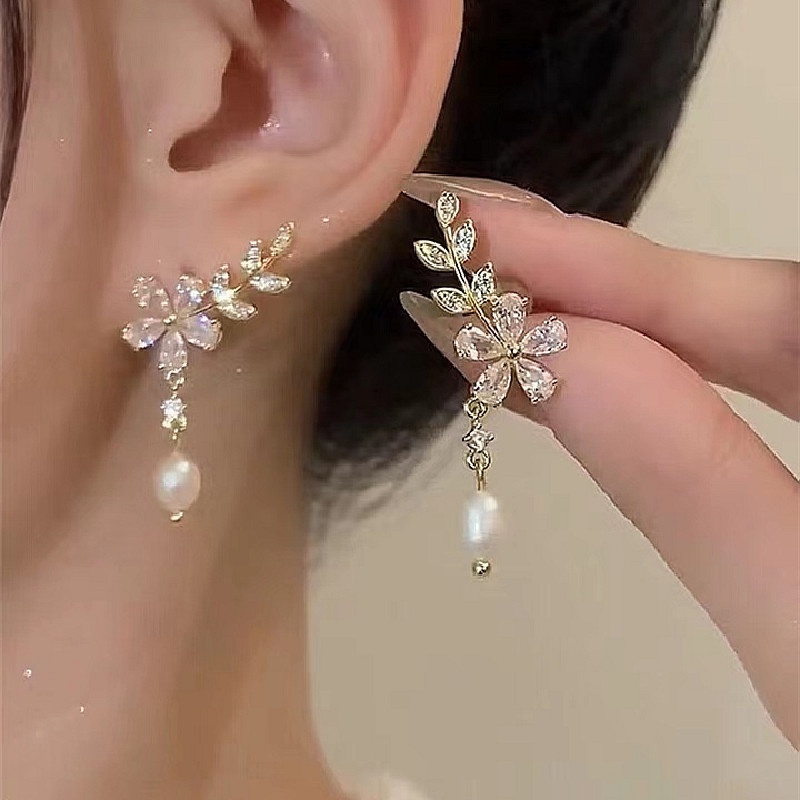 3lshop-ต่างหูมุกเทียม-รูปดอกไม้-ใบไม้-สไตล์เกาหลี-เครื่องประดับแฟชั่น-สําหรับผู้หญิง