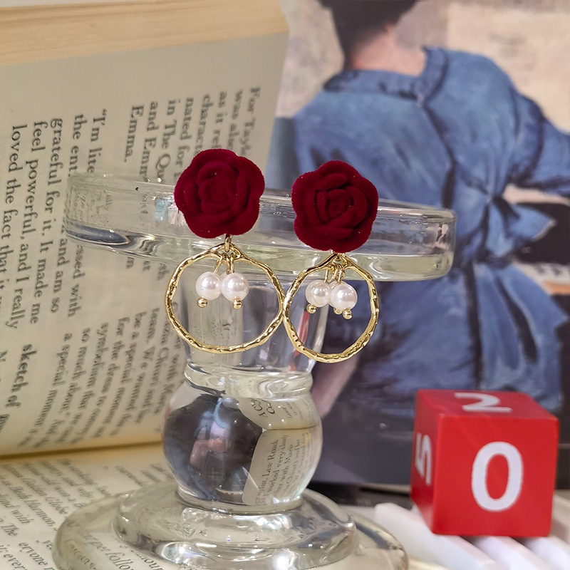 2022-new-handmade-wine-red-velvet-rose-earrings-french-retro-style-flower-earrings