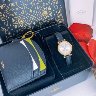 (ผ่อน0%) นาฬิกา พวงกุญแจใส่บัตร Fossil ES5180SET Carlie Three-Hand Black Eco Leather Watch หน้าปัด 28มม. สายหนังสีดำ