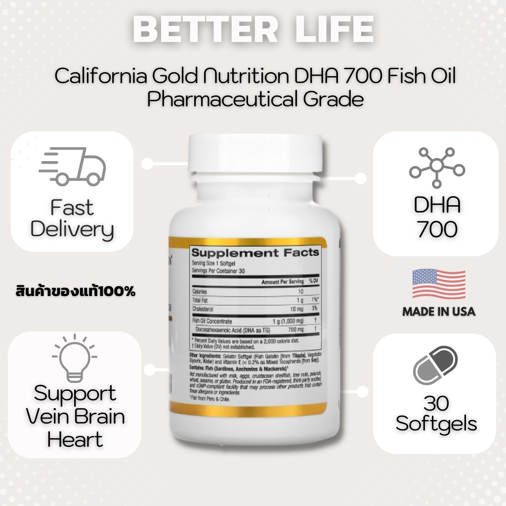 ภาพสินค้าCalifornia Gold Nutrition, DHA 700 Fish Oil, Pharmaceutical Grade, 1,000 mg, 30 Fish Gelatin Softgels (No.358) จากร้าน butter_life บน Shopee ภาพที่ 1