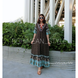 Bohemian Dress ชุดเดรสยาวสไตล์โบฮีเมียนผ้าสปันพิมพ์ลาย ชุดเดรสผู้หญิง ชุดแฟชั่น ชุดไปเที่ยวทะเล ชุดไปเชียงใหม่