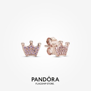 Pandora ต่างหูสตั๊ด ชุบโรสโกลด์ 14k รูปมงกุฎ สีชมพู ของขวัญคริสต์มาส e1027