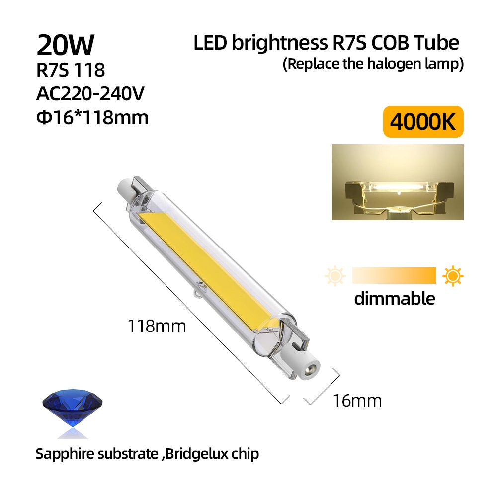 หลอดไฟฮาโลเจน LED R7S COB 78 มม. 118 มม. พลังงานสูง R7S แบบเปลี่ยน ...