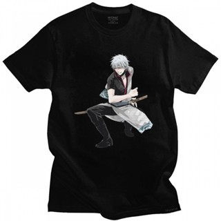 เสื้อยืดชาย บุรุษหล่ออะนิเมะ Gintama เสื้อยืดแขนสั้นคอกลมผ้าฝ้าย Tshirt กราฟิกซามูไรมังงะ Gintoki Sakata Tee Shir