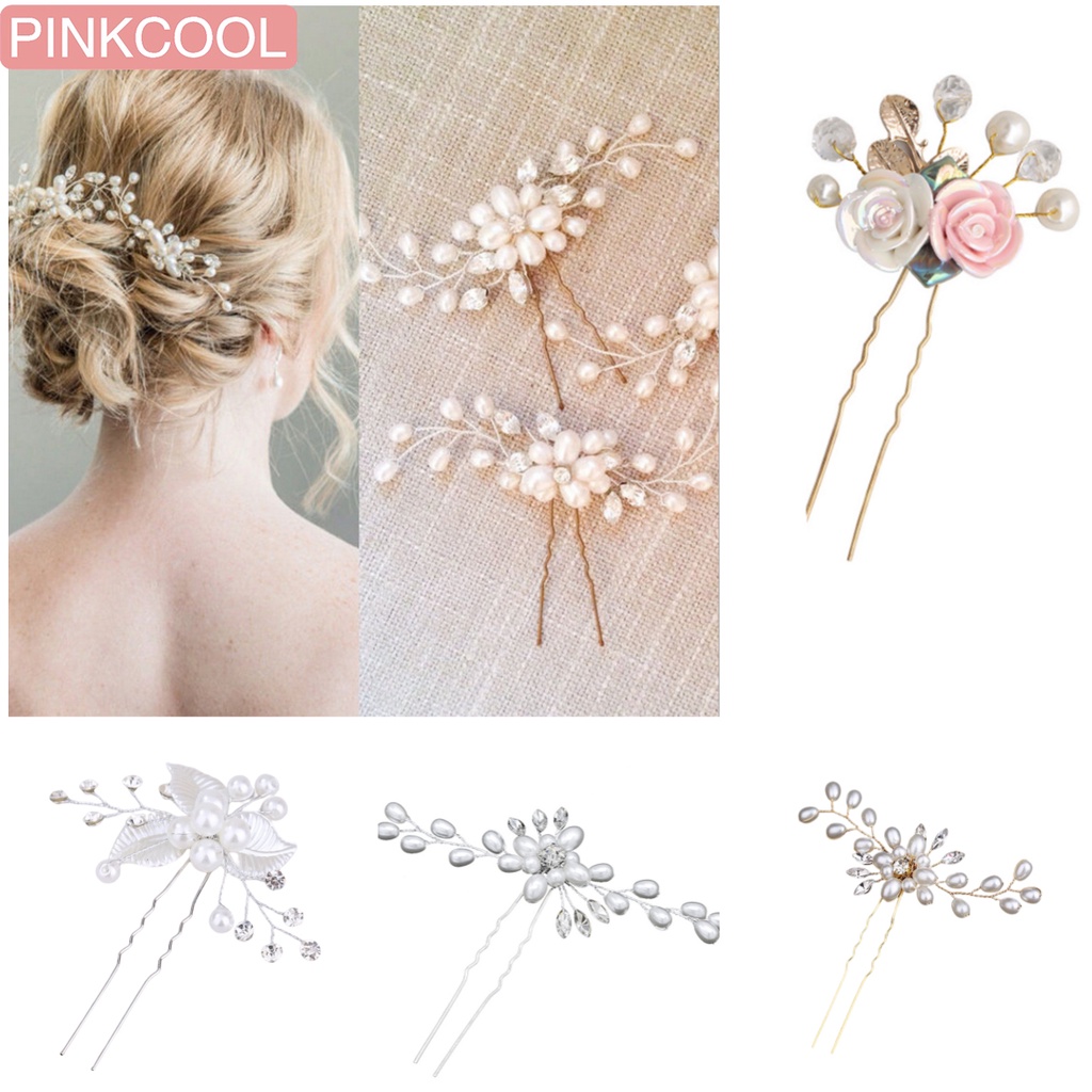 pinkcool-ปิ่นปักผม-ดอกกุหลาบ-คริสตัล-ไข่มุก-เครื่องประดับศีรษะ-สําหรับงานแต่งงาน