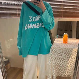 ✸▪▨ผ้าฝ้าย 100% แขนยาวเสื้อยืดผู้หญิง 2021 ฤดูใบไม้ร่วงใหม่นักเรียนเกาหลีรุ่นหลวมและขี้เกียจกลางความยาวด้านบน INS น้ำ