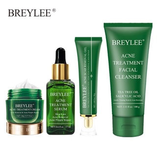 BREYLEE 4 ชิ้น ทีทรี ออยล์ รักษาสิว ชุด เซรั่ม ครีมแต้มสิว เจลลบรอยแผลเป็นจากสิว เจลล้างหน้า