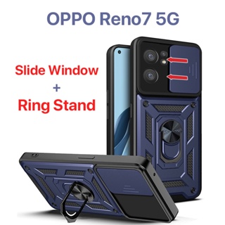 เคส OPPO Reno7 5G 7Pro 7Z 6Z 6 5G หน้าต่างบานเลื่อน การป้องกันกล้อง ขาตั้งแหวนโลหะ เคสแข็ง เคส OPPO Reno7 Pro 5G เคส Reno7 Z 5G เคส Reno6 Z 5G เคส Reno6 5G เคส