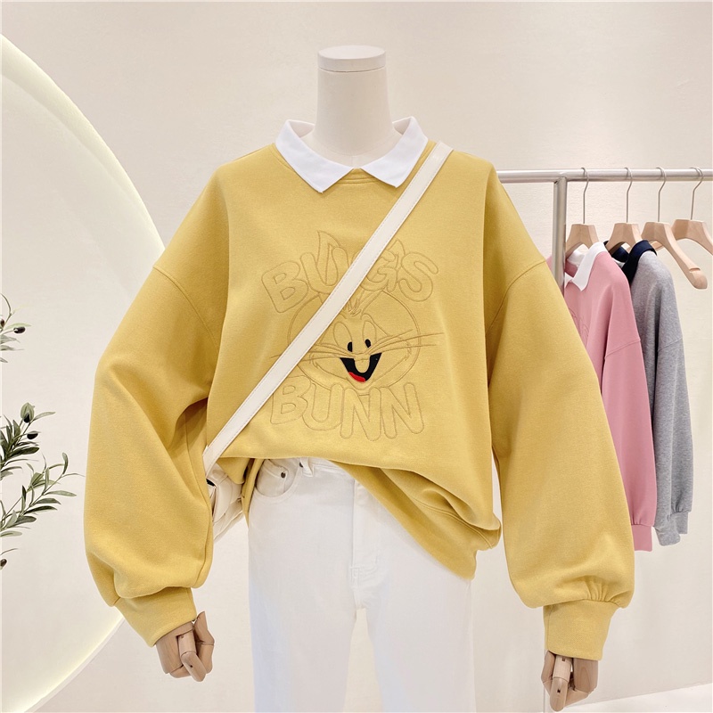 เสื้อกันหนาว-คอปก-ผ้าฝ้าย-100-ปักลายการ์ตูน-พลัสไซซ์-สําหรับผู้หญิง