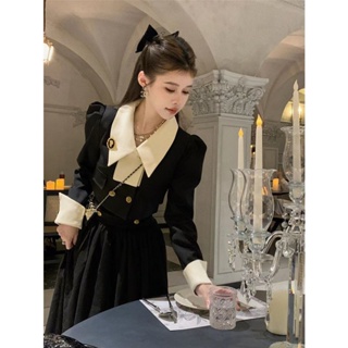 🔥Hot Sale/Xiaoxiangfeng Contrast Color Collar Short Puff Sleeve Jacket + Waist Thin Mid-Length Suit Suit ราคา: