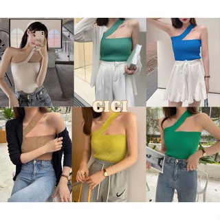 Cici ❣🇹🇭🚚พร้อมส่ง❣(Y523)เสื้อครอปไหล่เดียว ผ้าร่องไหมพรมทอ ดีไซน์เส้นคาดไหล่ปาด ใส่เก๋ๆสวยๆได้หลายแบบได้หลายสไตล์