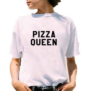 เสื้อโอเวอร์ไซ Pizza kraliçe T Shirt kadın komik kısa kollu o-boyun pamuk Tee gömlek Femme siyah beyaz bol tişört kadın