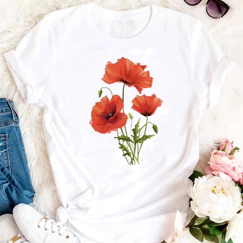 เสื้อทหาร-แขนสั้นสีน้ําน่ารักดอกไม้แฟชั่นฤดูร้อนผู้หญิงพิมพ์เสื้อยืดผู้หญิงลําลองด้านบน-tshirts-การ์ตูนกราฟิกทีที