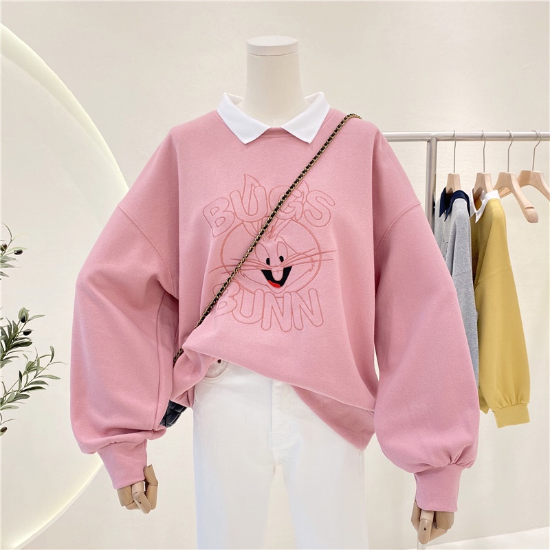 เสื้อกันหนาว-คอปก-ผ้าฝ้าย-100-ปักลายการ์ตูน-พลัสไซซ์-สําหรับผู้หญิง