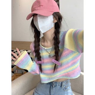 [พร้อมส่ง] ใหม่ เสื้อกันหนาวแขนยาว ผ้าถัก ลายทาง สีรุ้ง แฟชั่นฤดูใบไม้ร่วง สไตล์เกาหลี ตะวันตก สําหรับผู้หญิง 2022