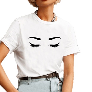 เสื้อคนอ้วน Kirpik kaş grafikli tişört Femme yaz kısa kollu o-boyun pamuk T Shirt kadın siyah beyaz Casual bayanlar Tops