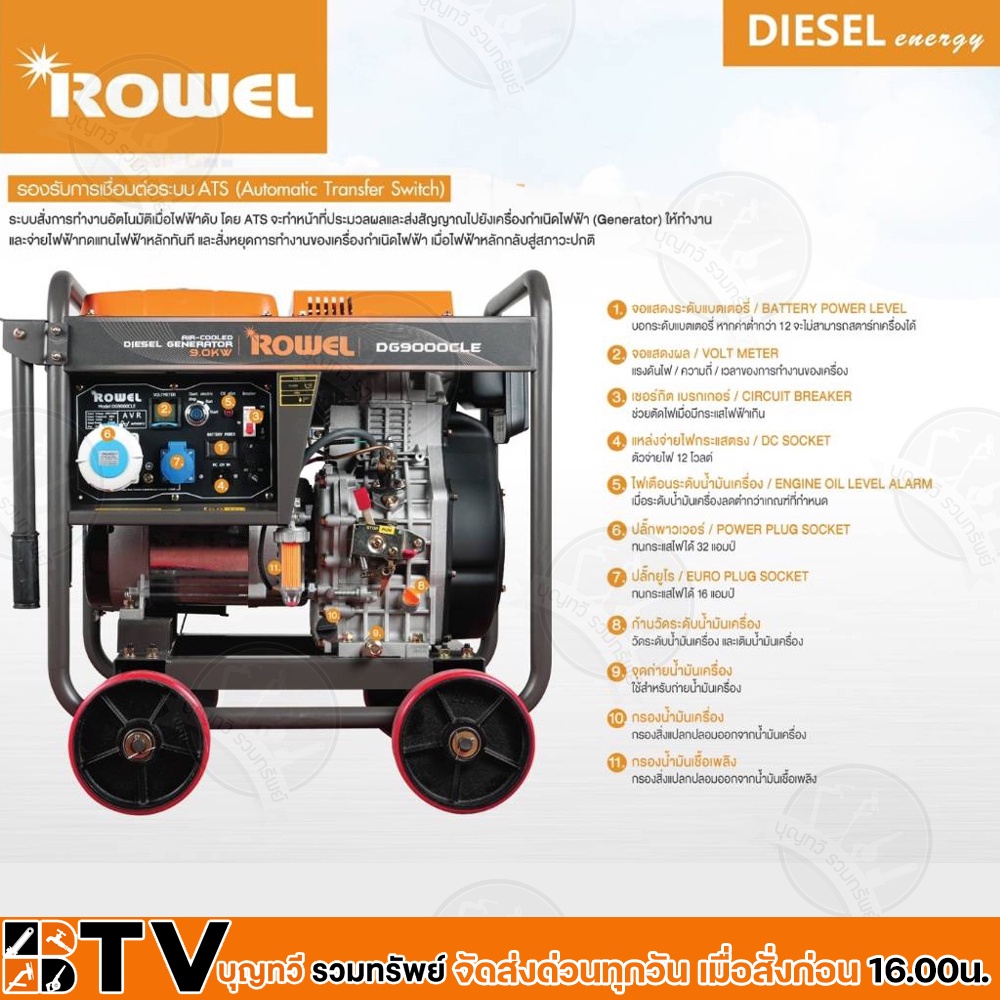 rowel-เครื่องปั่นไฟ-ดีเซล-9000-วัตต์-220v-กุญแจสตาร์ท-ชาร์จโดรน-t20-t30-เครื่องกำเนิดไฟฟ้า-รุ่น-dg9000cle-ปั่นไฟ-ชาร์จแบ