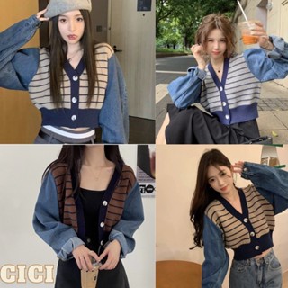 Cici ❣🇹🇭🚚พร้อมส่ง❣(29038)เสื้อครอปแขนยาว กระดุมหน้าดีเทลแขนผ้ายีนส์ลาย ทรงสวยจับแมทซ์ง่ายได้ทุกลุค
