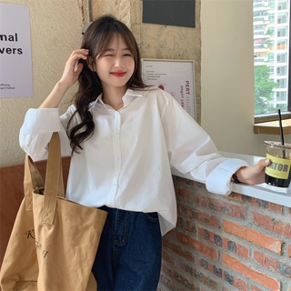 [Ready Stock] Korean Style Spring White Shirt Long Sleeve Summer Simple Oversized Tops for Women