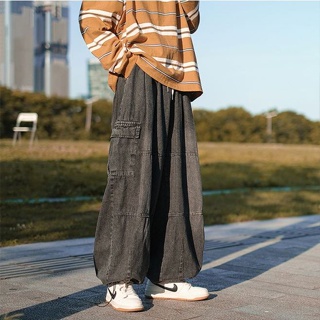 กางเกงทรงลุง กางเกงทรงลุงวินเทจ กางเกงยีนผู้ชาย กางเกงยีนส์ผู้ชายสีทึบ✔👖กางเกงทรงช่างคาร์โก้ หลวม/ขนาดใหญ่S-3XL