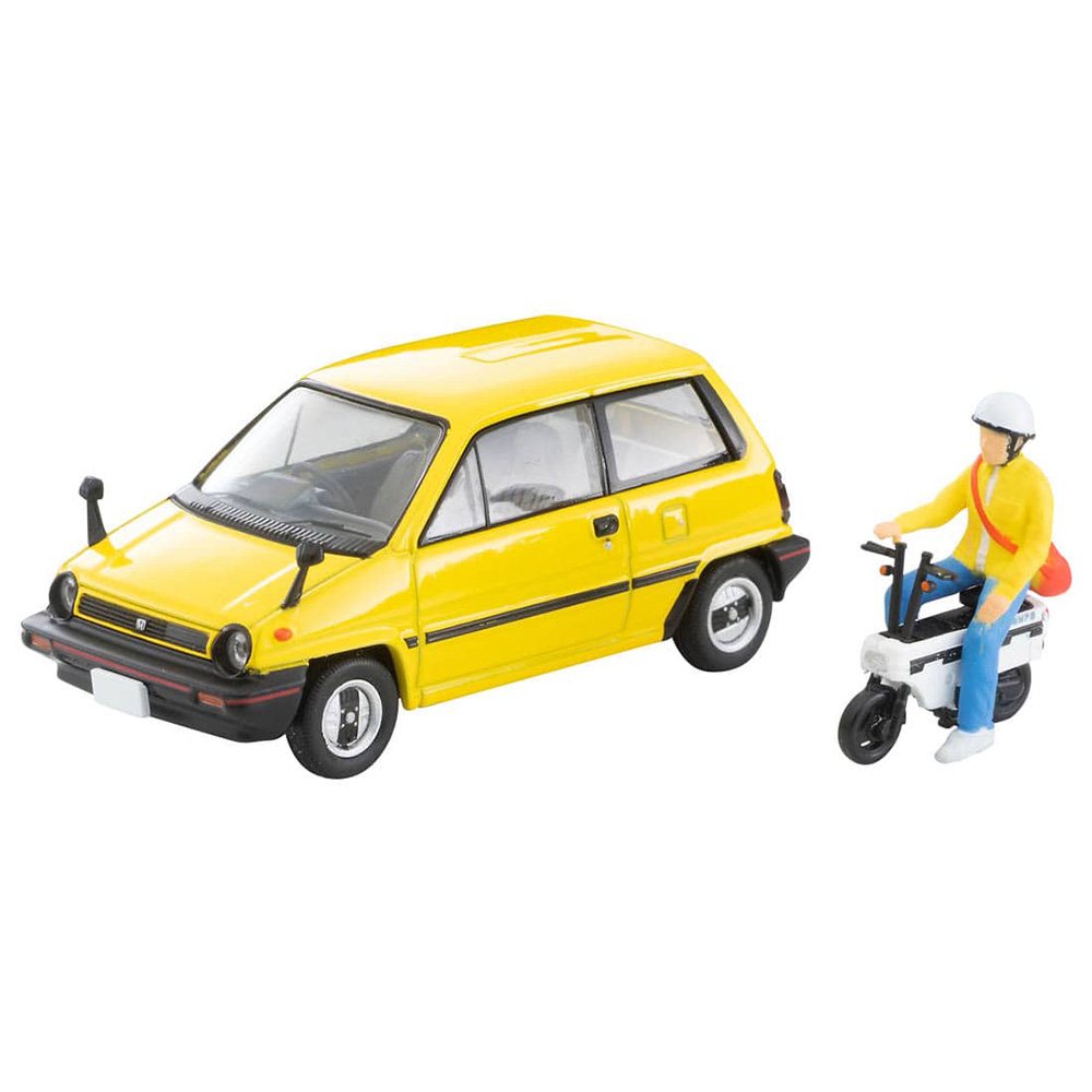 tomytec-4543736316794-1-64-honda-city-r-yellow-with-motocompo-with-rider-figure-1981-diecast-scale-model-car