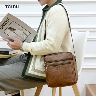 TAIDU กระเป๋าสะพายข้างกระเป๋าผู้ชายหนัง PU ความจุขนาดใหญ่หลายชั้นกระเป๋าสะพายไหล่ลำลองกระเป๋าสะพายข้าง