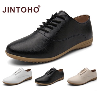 สินค้า 【JINTOHO】พร้อมส่ง รองเท้าหนังลําลอง ส้นแบน หัวแหลม สีดํา สไตล์วินเทจ สําหรับผู้หญิง