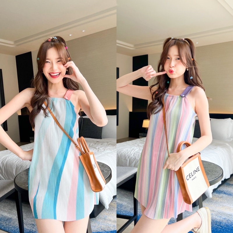 พร้อมส่ง-pinny-dress-mini-dress-เดรสผ้าพลีซพาสเทล