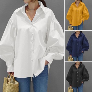 เสื้อเชิ้ตลําลอง แขนทรงโคมไฟ คอปก ติดกระดุมแถวเดียว ป้องกันการเป็นขุย แฟชั่นสําหรับสตรี