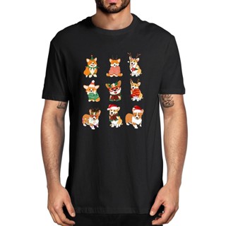 เสื้อยืดเปล่า ผ้าฝ้าย 100% ตลกน่ารักซานตาคลอสกวางเรนเดียร์ Corgi คริสต์มาสวาเลนไทน์คริสต์มาสคริสต์มาสผู้ชายเสื้อยืดแปลกใ