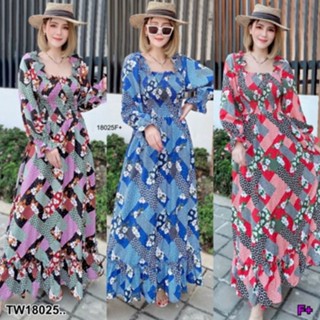 B18025 	แม็กซี่เดรสยาว คอเหลี่ยม พิมพ์ลายกราฟฟิก  Long maxi dress, square neck, graphic print..