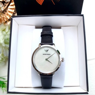 (ผ่อน0%) นาฬิกา Emporio Armani AR11159 Quartz White Mother of Pearl Dial Ladies Watch หน้าปัดขาวมุก 28มม. สายหนังสีดำ