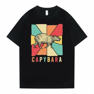 เสื้อคู่รัก ย้อนยุควินเทจ Capybara เสื้อยืดผู้ชายผู้หญิงลําลองหลวมทีสั้นแขนสั้นผู้ชายขนาดใหญ่เสื้อยืด Unisex แฟชั่นฮาราจ