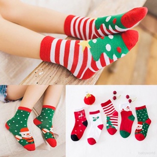 ถุงเท้าผ้าฝ้าย พิมพ์ลายการ์ตูนซานต้า คริสต์มาส สําหรับเด็ก 5 คู่ / ชุด