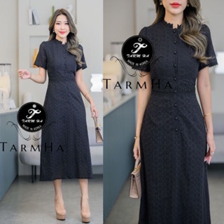 เดรสดำออกงาน!!! S-6XL Dress เดรสสีดำแขนสั้นผ้าฉลุลายกระดุมหน้า งานป้าย Tarm Ha