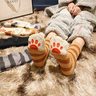 ถุงเท้า ผ้าฟลีซ แบบหนา ลายกรงเล็บแมวน่ารัก ให้ความอบอุ่น เหมาะกับฤดูหนาว สําหรับผู้หญิง