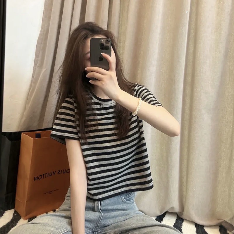 เสื้อยืดแขนสั้น-ผ้าฝ้าย-ลายทาง-สีตัดกัน-สําหรับผู้หญิง
