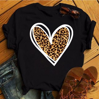 เสื้อยืดสีขาวผู้หญิง Camiseta con estampado de corazón y leopardo para mujer, camisetas de moda para chica, camisetas in