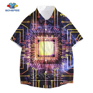 SONSPEE Summer Harajuku Graphic CPU 3D Printing Botton Shirt Men Women&amp;#39;s Processor Tops Short Sleeve Circuit Board D
